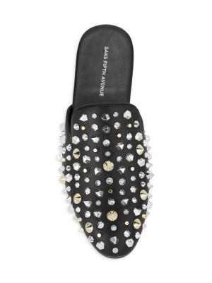 Saks Fifth Avenue Black Studded Slip-On Mules Saks Fifth Avenue Leather Studded Accents Mules - Black  main image 4