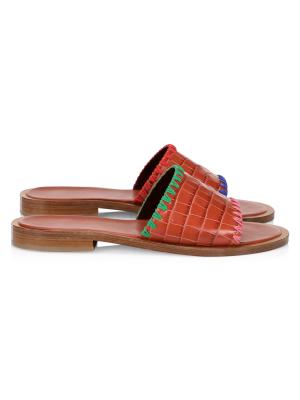 STAUD Genie Mismatched Croc-Embossed Leather Slides on SALE | Saks OFF 5TH