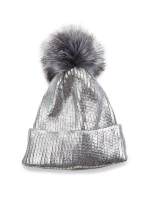 Adrienne Landau Faux Fur Pom Pom Metallic Beanie New Womens Adrienne Landau Real Fox Fur Pompom Metallic Blue  main image 4