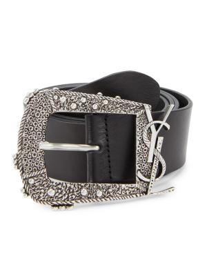 Yves Saint Laurent Vintage Black Belt with Silver Embellishment Saint Laurent 2014 Black Lambskin Western Cowboy Belt main image 3