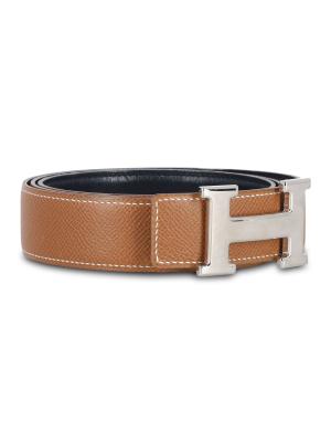 Hermes Reversible Logo Belt In Black And Gold Leather display picture 2