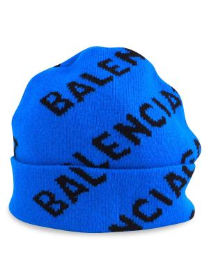 Balenciaga Balenciaga Allover Logo Beanie In Blue Wool on SALE