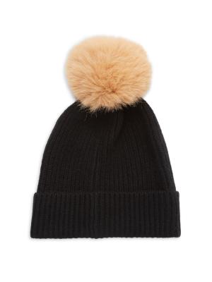 Saks Fifth Avenue Faux Fur Pom Pom Cashmere Beanie on SALE  display picture 1
