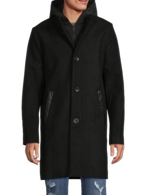 Kenneth Cole Melton Walker Mixed Media Hooded Bib Overcoat on SALE
