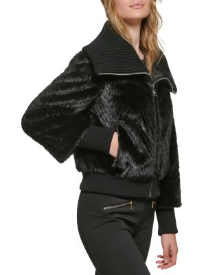 Funnel Neck Faux Fur Bomber Jacket