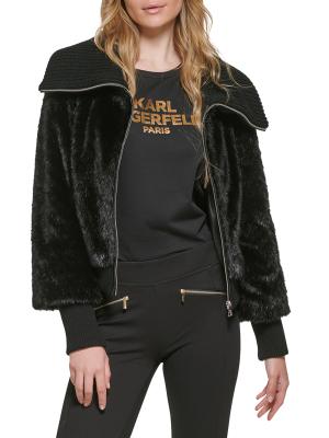 Funnel Neck Faux Fur Bomber Jacket