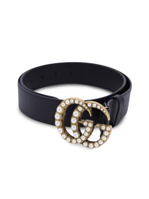 Gucci Gucci Pearl Embellished Double G Buckle Belt In Black  display picture 1