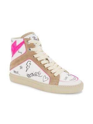 Zadig & Voltaire Graphic High-Top Leather Sneakers on SALE  display picture 3
