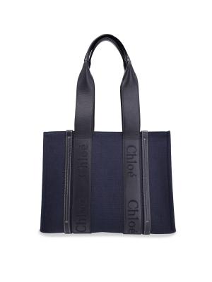 Chloe Medium Woody Tote In Blue Canvas And Black Calfskin Leather