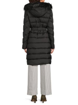 Faux Fur-Trim Belted Puffer Coat