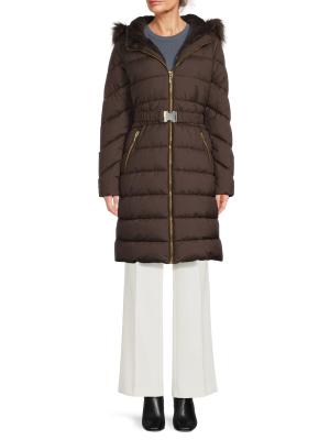 Faux Fur-Trim Belted Puffer Coat