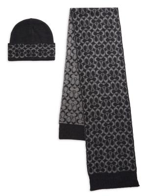 COACH 2-Piece Monogram Beanie & Scarf Set on SALE | Saks OFF 5TH Coach Black and Gray Logo Scarf and Hat Set main image 0