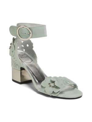 ​75MM Floral-Appliqué Leather Block-Heel Sandals