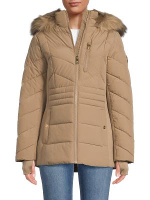 ​Chevron Quilted Faux Fur-Trim Hooded Puffer Jacket